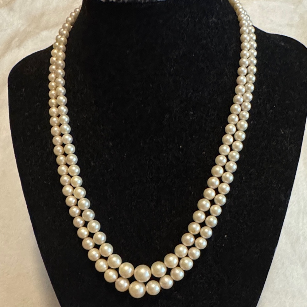 Vintage Faux Pearls Graduated Double Strands with Silver Tone Clasp Necklace